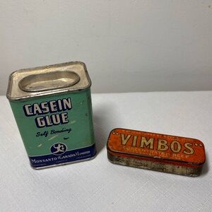 Vintage tins. Perfect for decor. Vimbos and Casein glue.